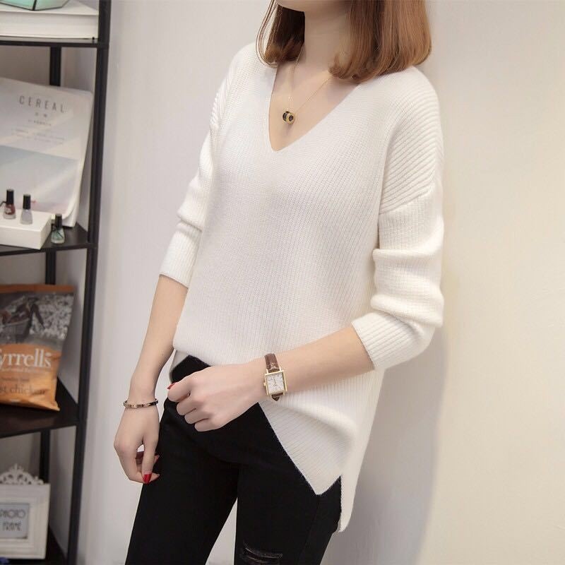 ANJUNIE Womens Oversize Shirt Loose Solid Long Sleeve V-Neck Pullover Casual Tops 