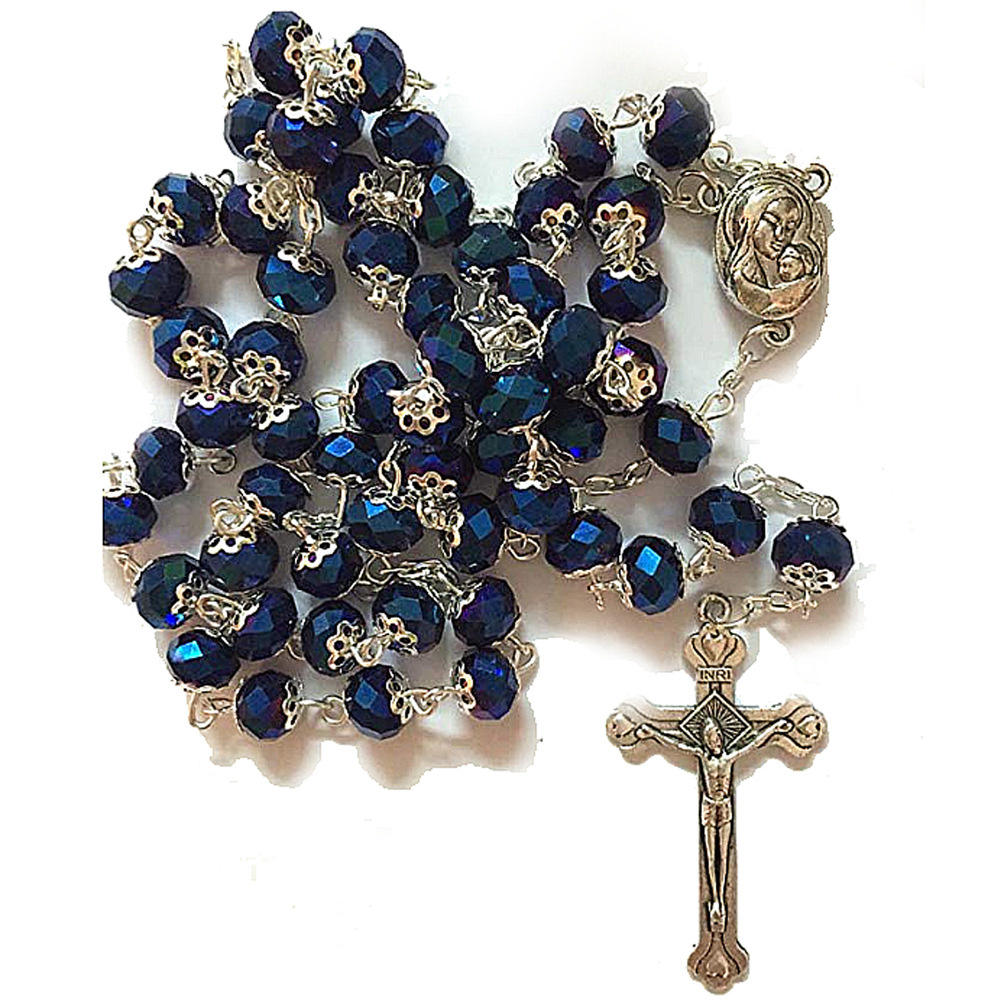 Royal Blue Torus Crystal Rosary Cross Necklace God Prayer Beads Religious Jewelry