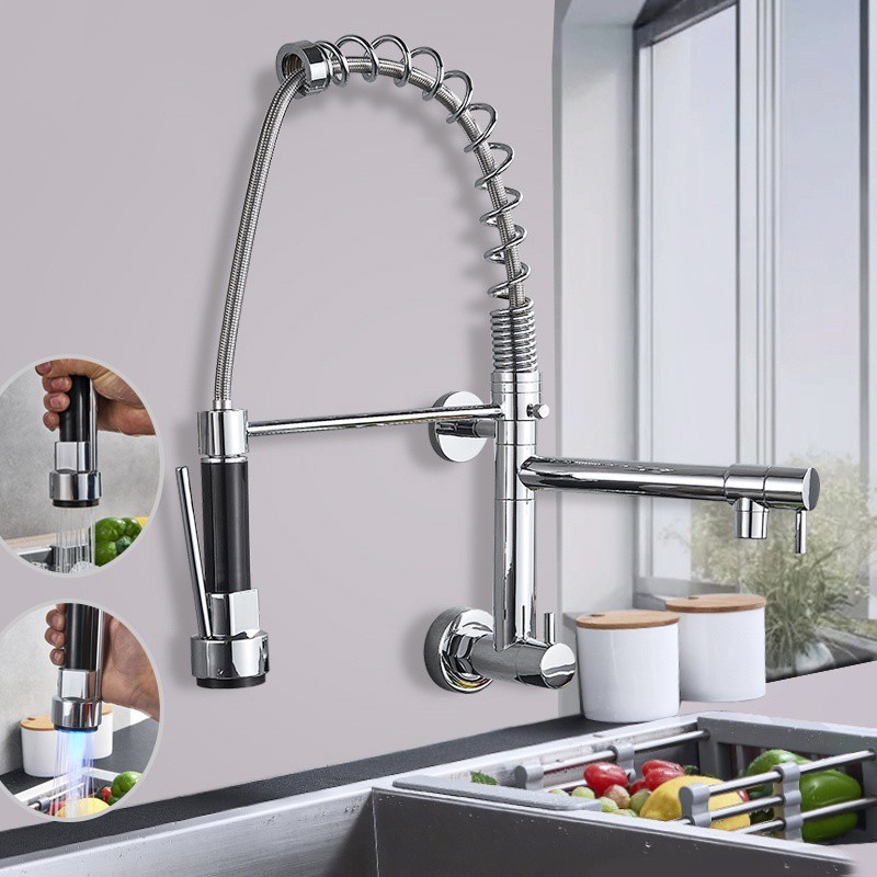 Chrome Kitchen Faucet Wall Mounted 360 Degree Pull Down Stream