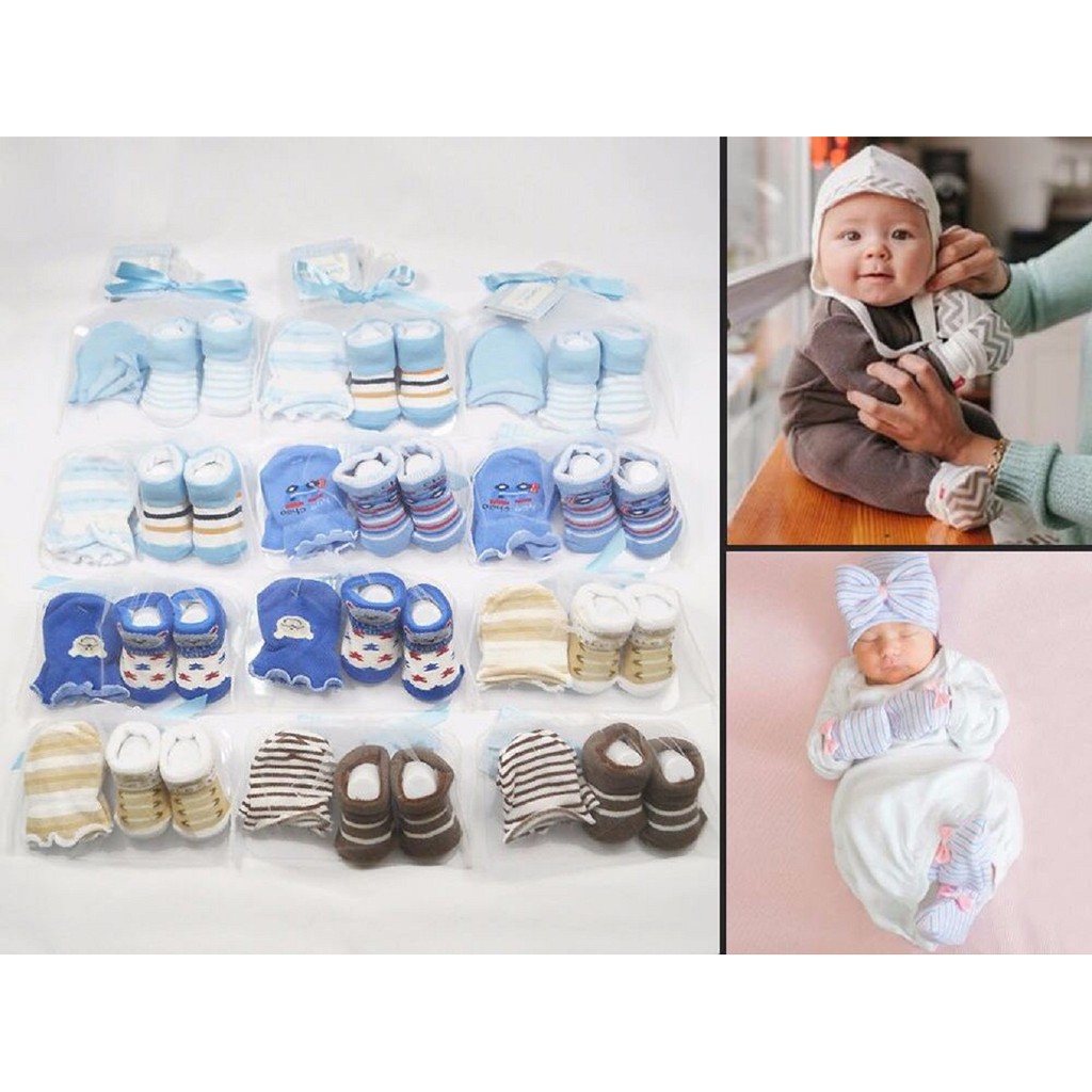 set 4 pcs Baby Mitten Booties Gift Set New Born Mittens and Booties Random Design Shopee