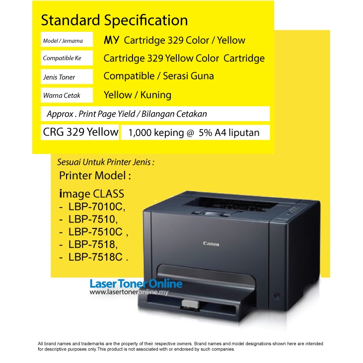 Compatible Canon Crg Cartridge 329 Crg329 Lasershot Lbp7010c Lbp7018c Lbp7018 Lbp7510 Lbp 7010c Lbp 7018 Color Yellow Shopee Malaysia