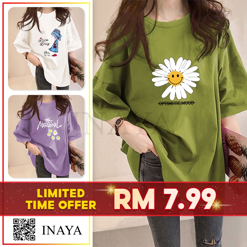 INAYA Part1 Korean Cartoon Prints Oversize Tee Short-sleeve T-shirt Casual l Baju Lengan Pendek Plus Size Wanita_DR00130