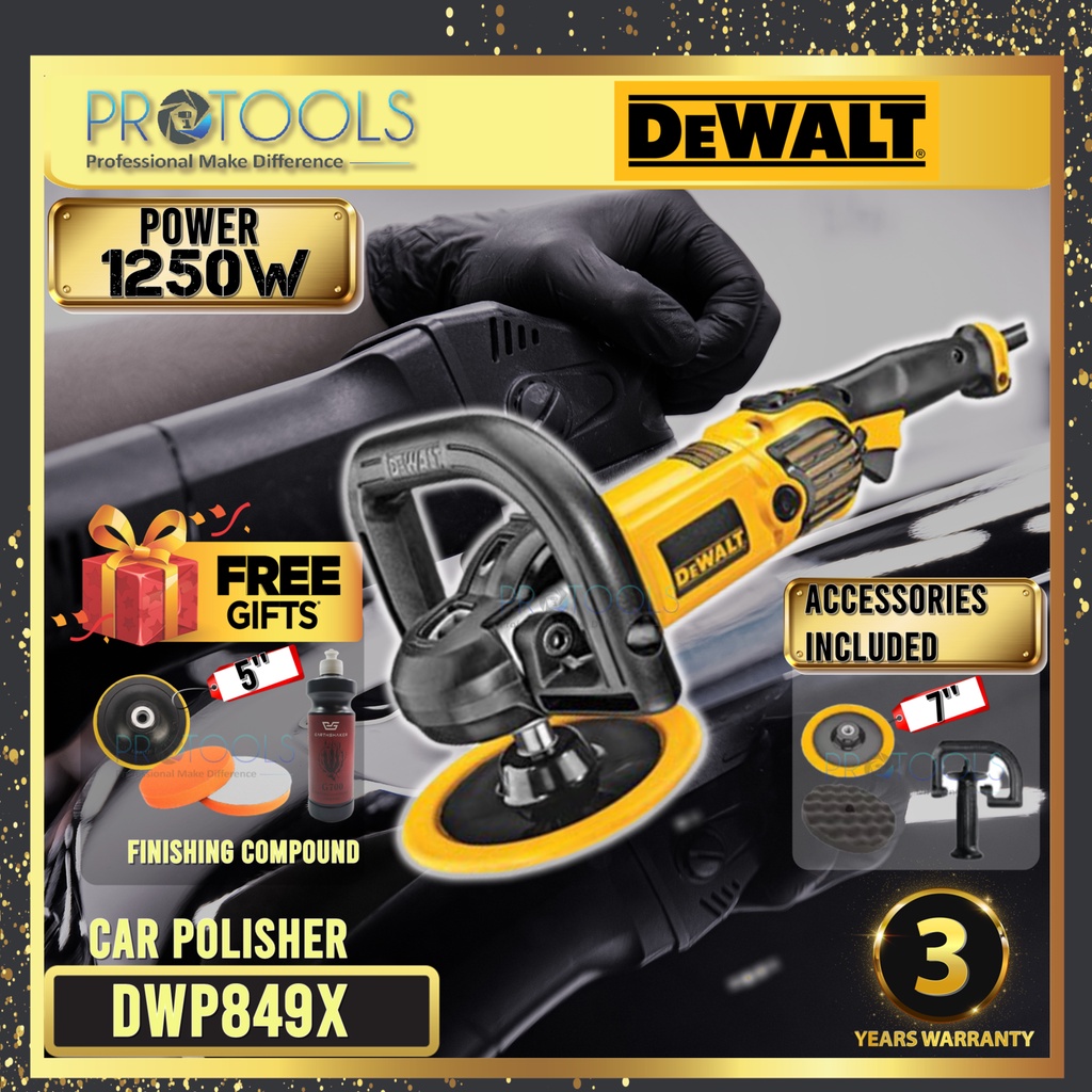 DEWALT DWP849X 7" Electronic Polisher 1250W FOC 5'' VELCRO PAD & POLISH