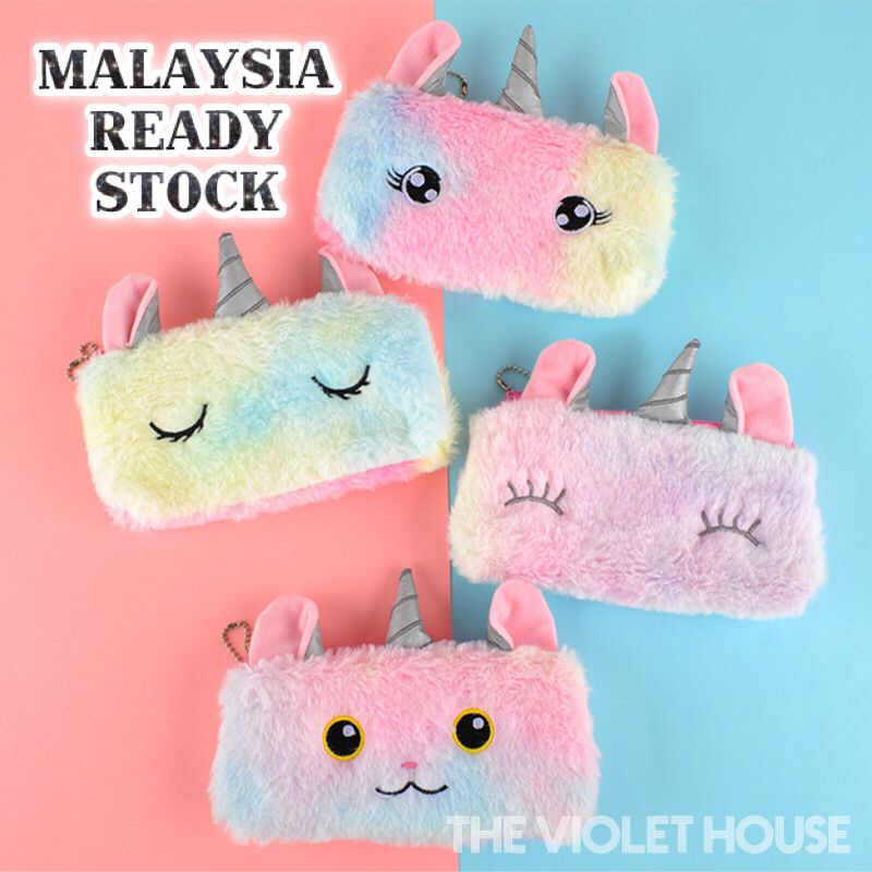 Pencil Cases Stationery Bags Rainbow Unicorn Kids Girls Soft Short Plush Zipper Pencil Bags Pouches Malaysia Ready Stock