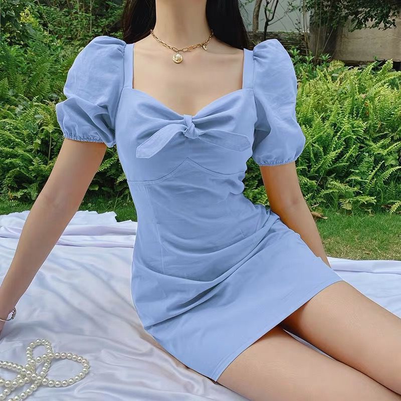[AELLY] Spot-French Court Puff Sleeve Bow Sexy Square Neck Slim Slim Dress Women's New V-neck A-Line Short Dress 3 Colors High Waist Covering Belly Outdoors
