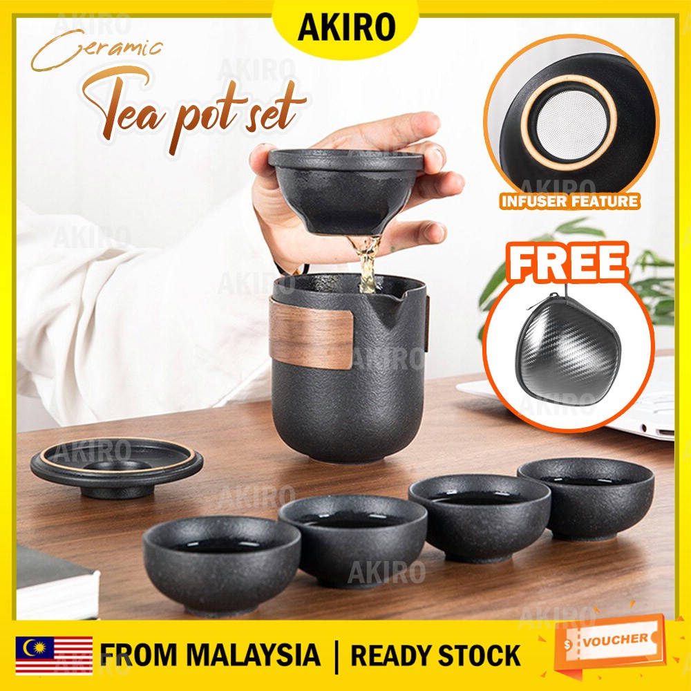 AKIRO PREMIUM Handmade Porcelain Ceramic Tea Pot Set 1 Pot 4 Cups Teacups wt Infuser Teapot FREE Storage Bag 高级陶瓷茶具