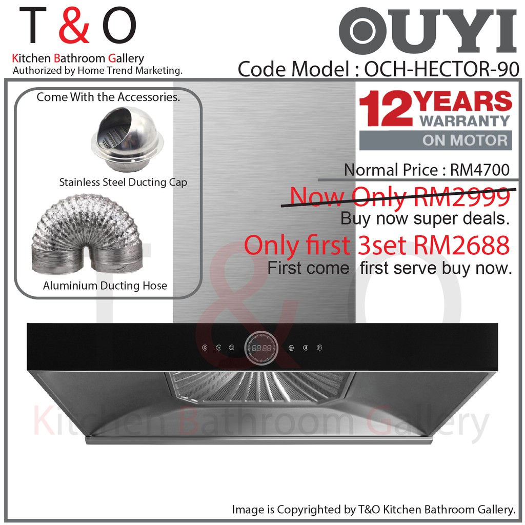 Ouyi Cooker Hood OCH-HECTOR-90 T-Shape Chimney Hood with Suction Power 1850m3/hr.