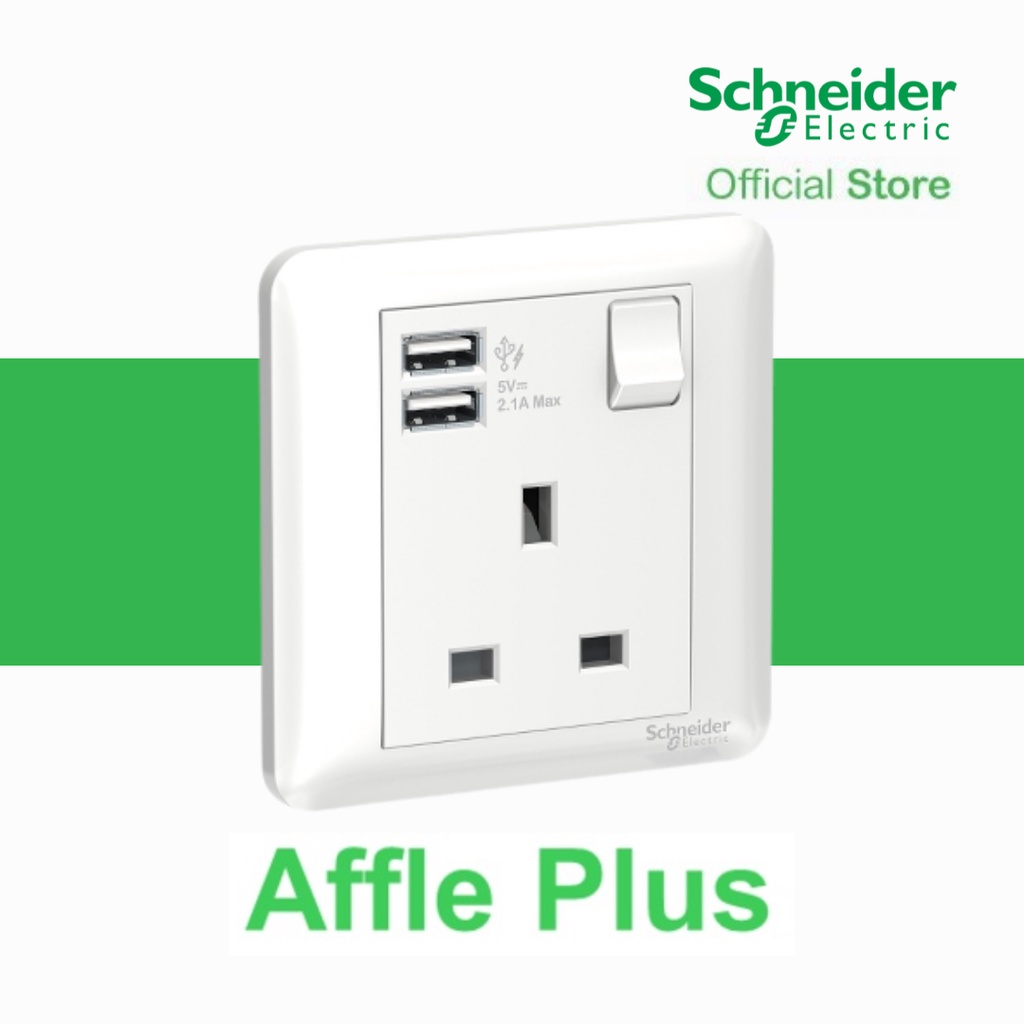 Schneider Electric Affle Plus 13A Switched Socket With 2.1A USB gang ...