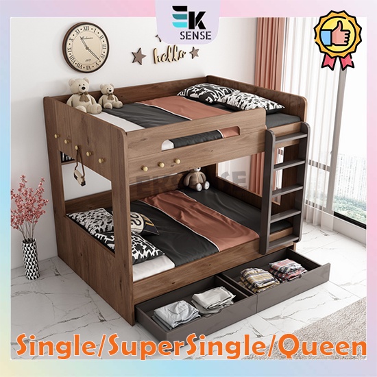 Premium Kids Double Decker Bed Frame Upper and Lower Queen Loft Bunk ...
