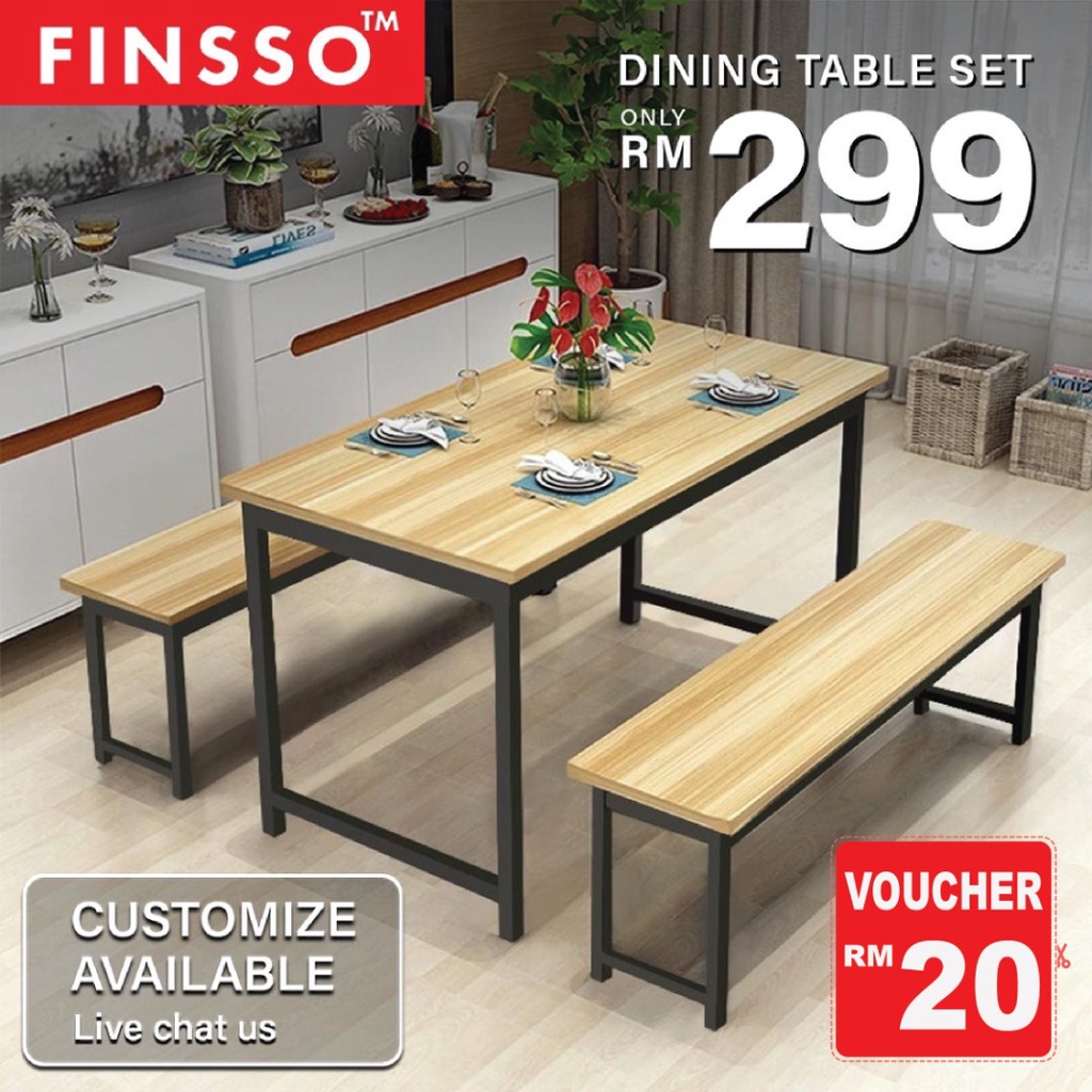 [READY STOCK] FINSSO: Dining Table With 2 Bench Set / Contemporary Simple Rectangular / Meja Makan