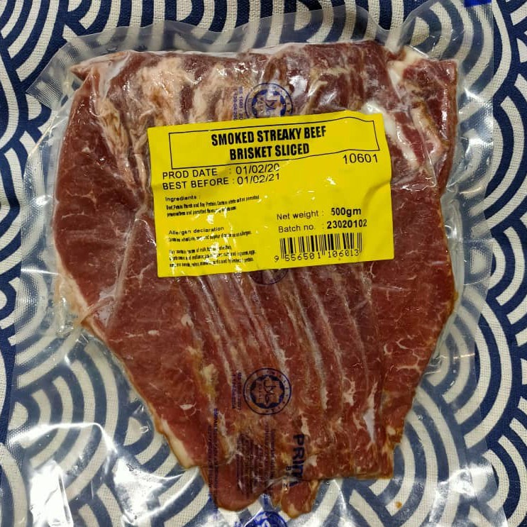 PRIMABAGUZ Smoked Streaky Brisket Strip (PREMIUM BEEF BACON) 500g Frozen Smoke Streaky Beef Slice BBQ