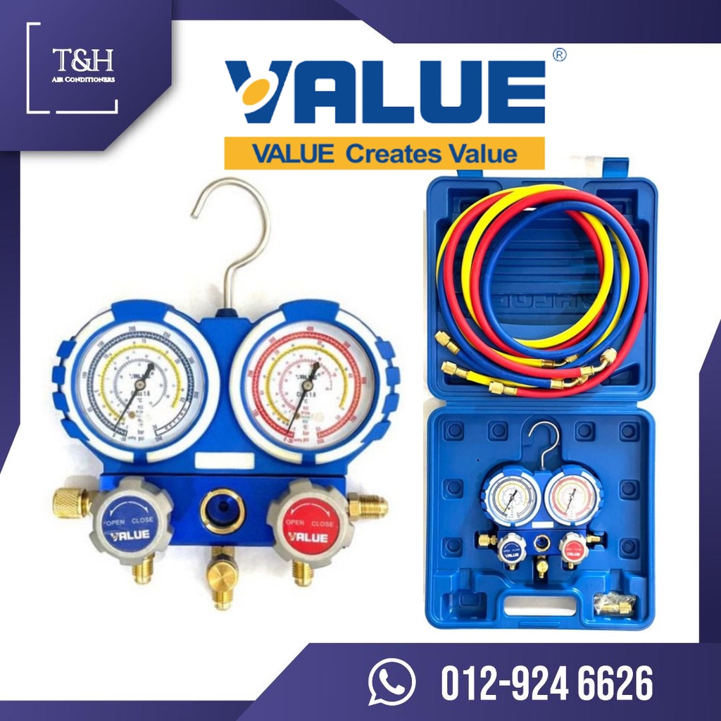 VALUE Manifold Gauge Set (VMG-2-R32-B) R32 R410A R134a R22 Air Cond ...