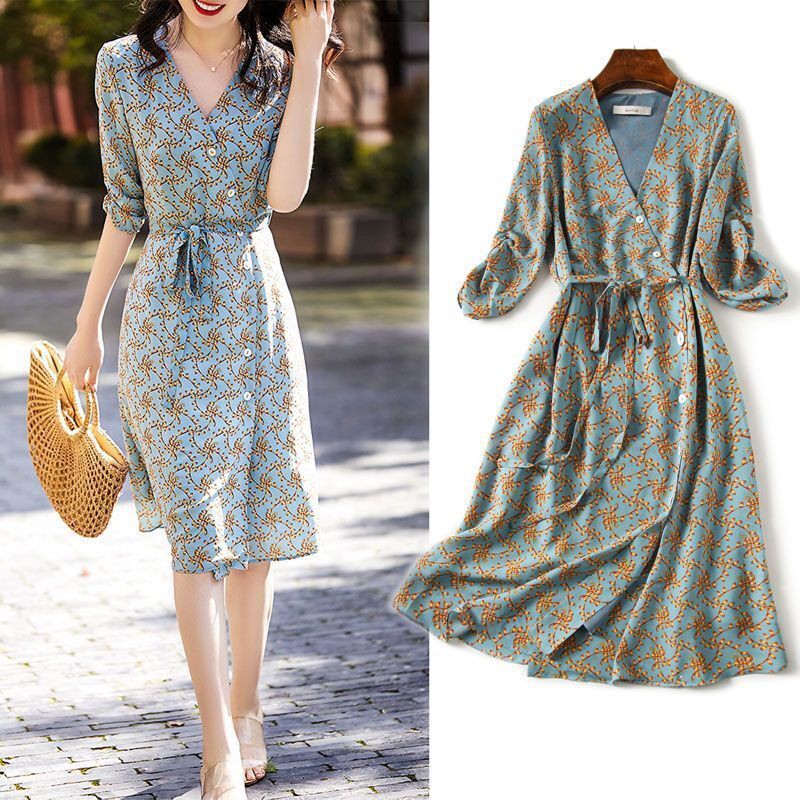 One Piece Dress Long Skirt Short Skirt Short Sleeves Printing Solid Color Small Floral Laceone Piece Dress Knee Length Skirt Floral Dress Korean Version Loose Large Size Chiffon Shopee Malaysia