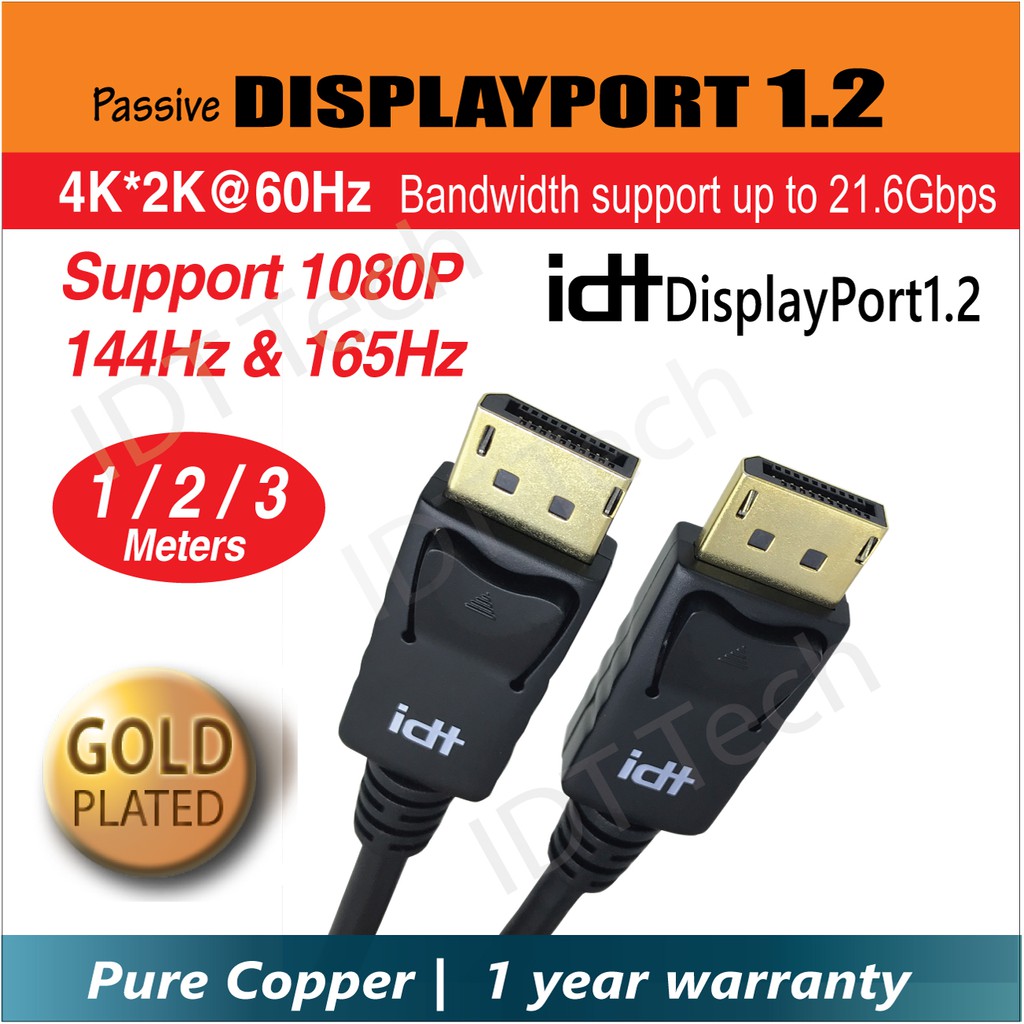 Idt Dp 1 2 Cable Displayport To Displayport Cable Display Port Cable Support 1080p 165hz 4k 60hz Shopee Malaysia