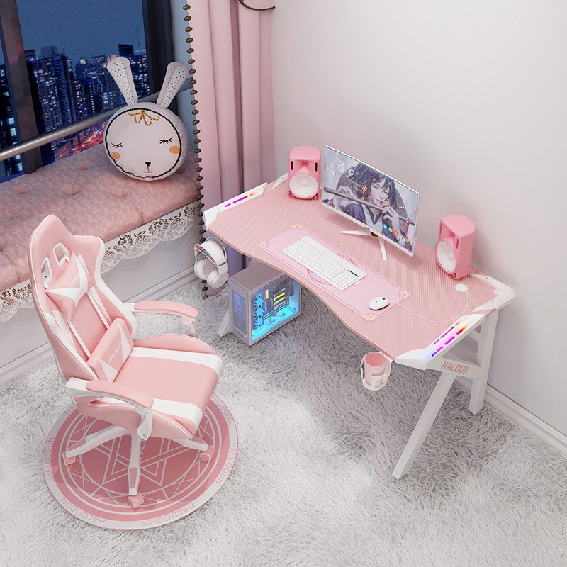 PINK GAMING TABLE LED RGB CARBON FIBER DESK with LED lights Professional Gaming PUBG Meja Game Study Gaming Table电竞桌粉色