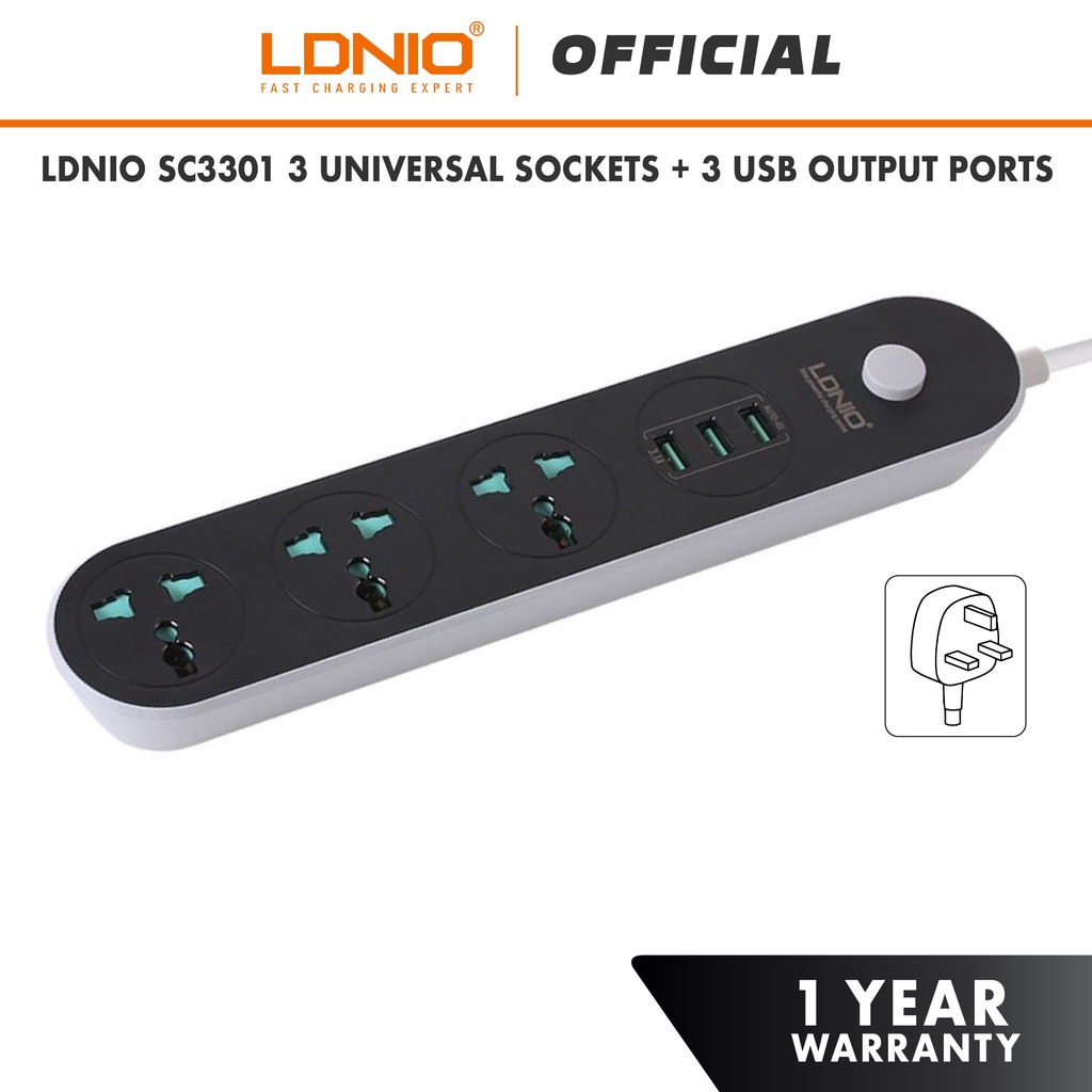 LDNIO SC3301 Power Strip 3 Universal Plug with 3 USB Output (3.1A/1.6m)