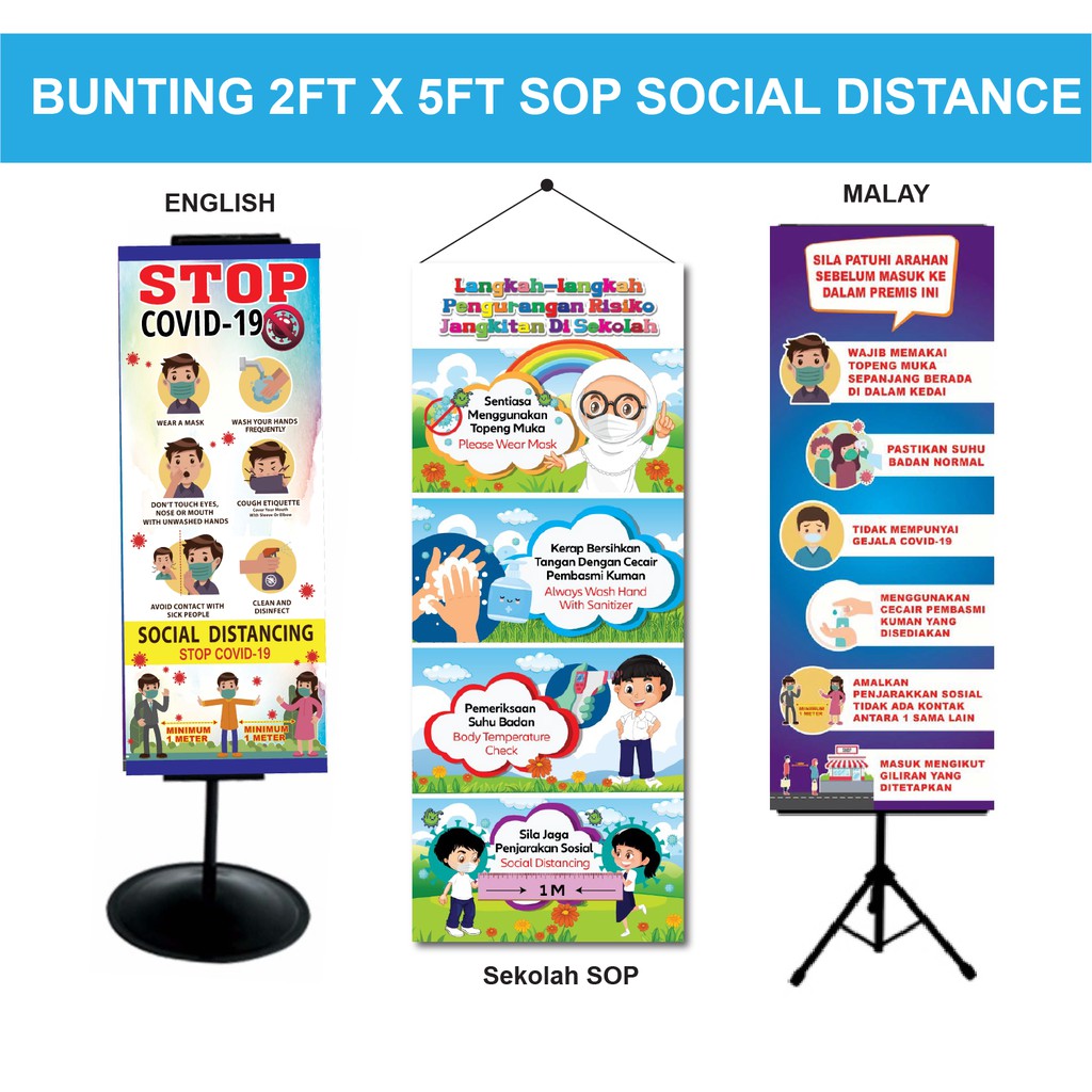 Back to School 5ft x2ft Bunting Sekolah Sop social distancing English /  Malay