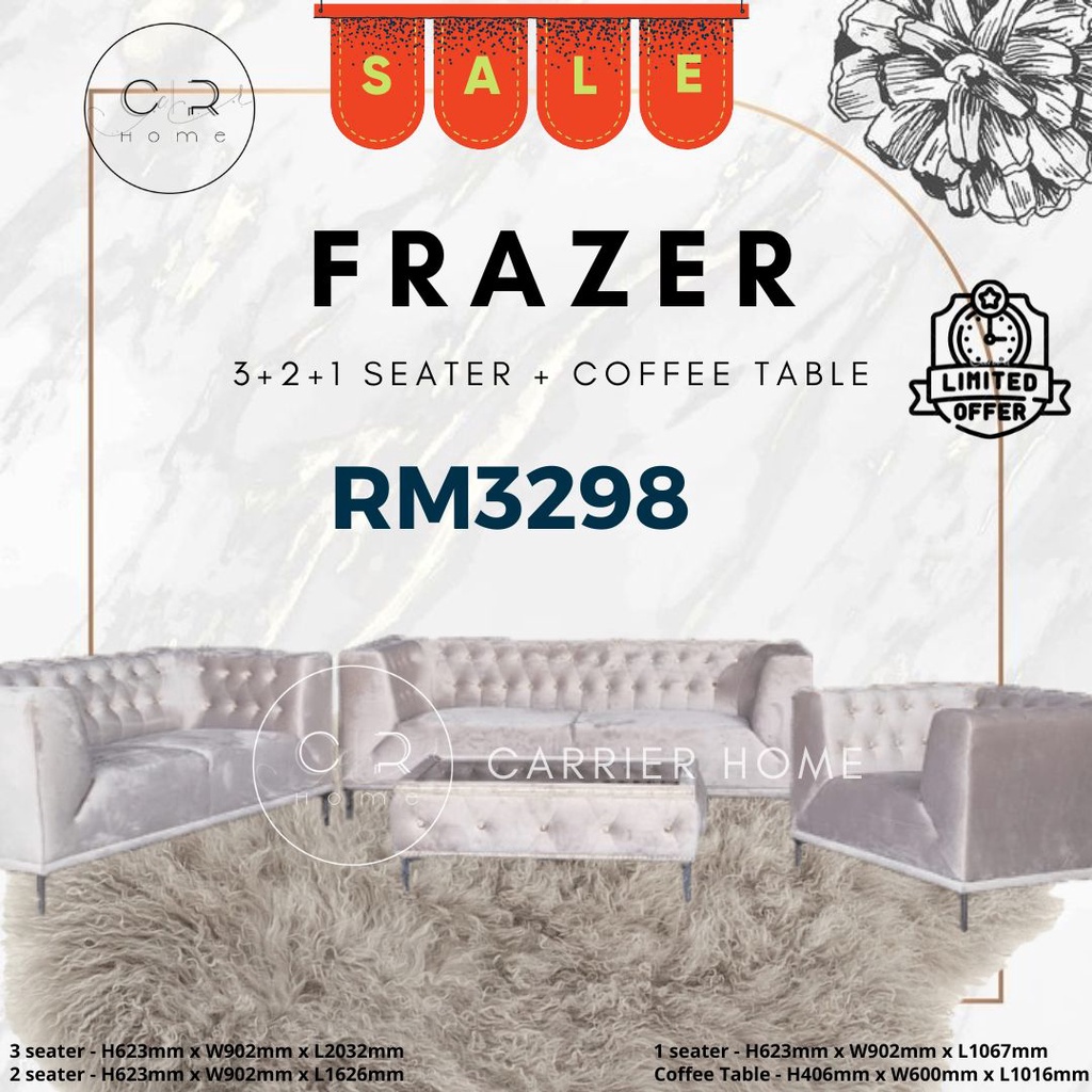 Frazer 3+2+1 Seater Sofa + Coffee Table [Chesterfield Design] Shopee