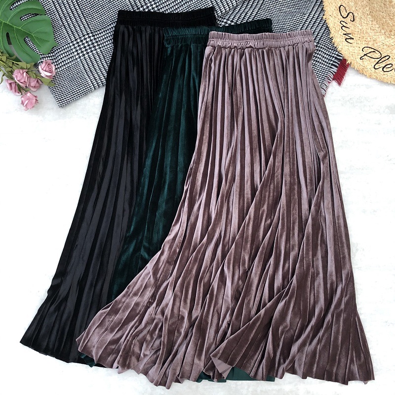 [ Super Long 36 Inch] Women Skirt Labuh Velvet Dark Metal Color High