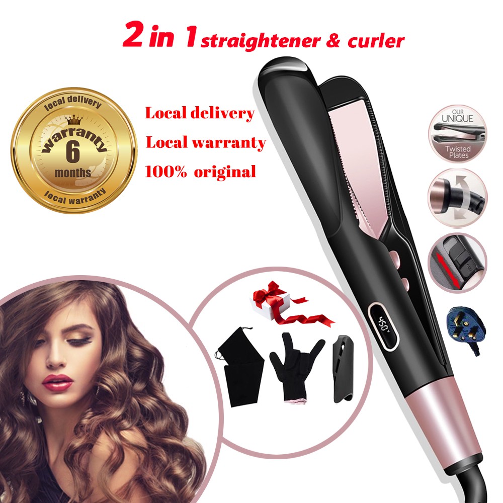 【Local Warranty】Professional 2in1 Curling Iron Hair Straightener Twisted Flat Iron Tourmaline Ceramic Curler LCD Display