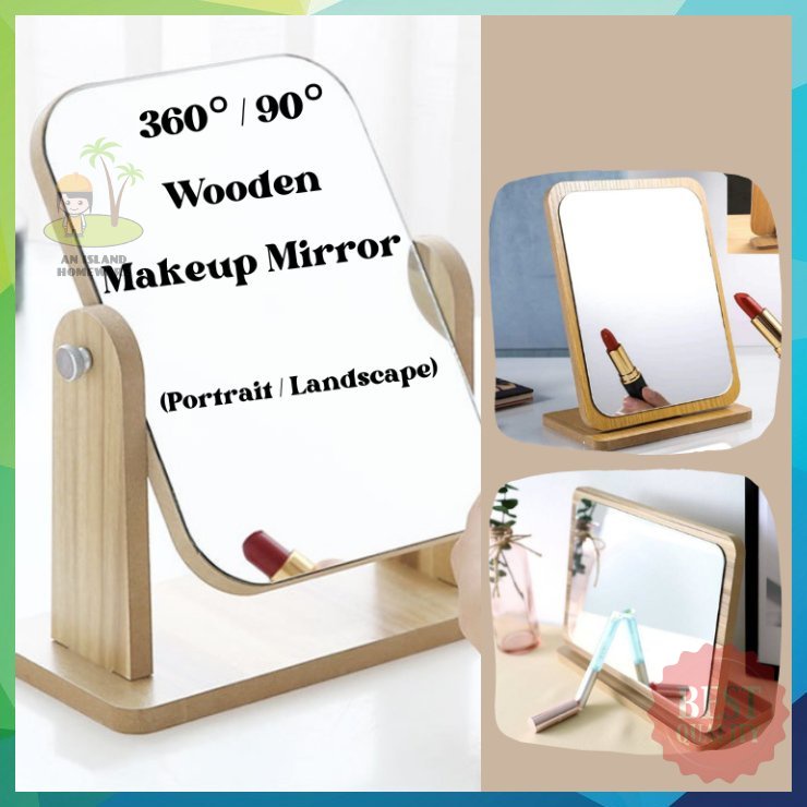 【HOMEWARE】Muji Style Wooden Makeup Mirror 360° / 90° Table Mirror Extra Clear Adjustable Angle Mirror Kayu Cermin Solek