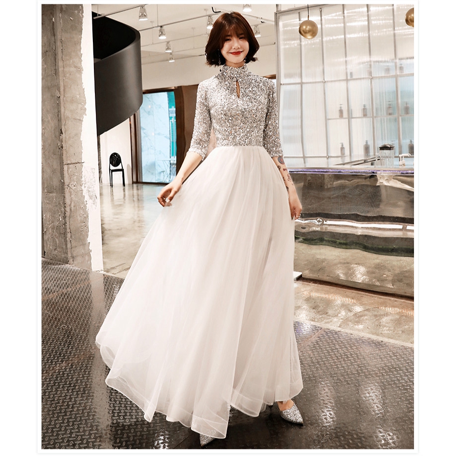 New Bling White Sequin Dinner Evening Dress For Women Girl Female Shiny ...