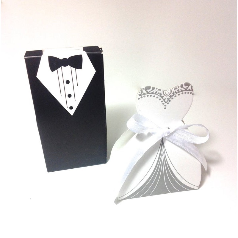 50 PCS TUXEDO BRIDE GROOM WEDDING FAVOR FAVOURS RIBBON CANDY TABLEBOXES 