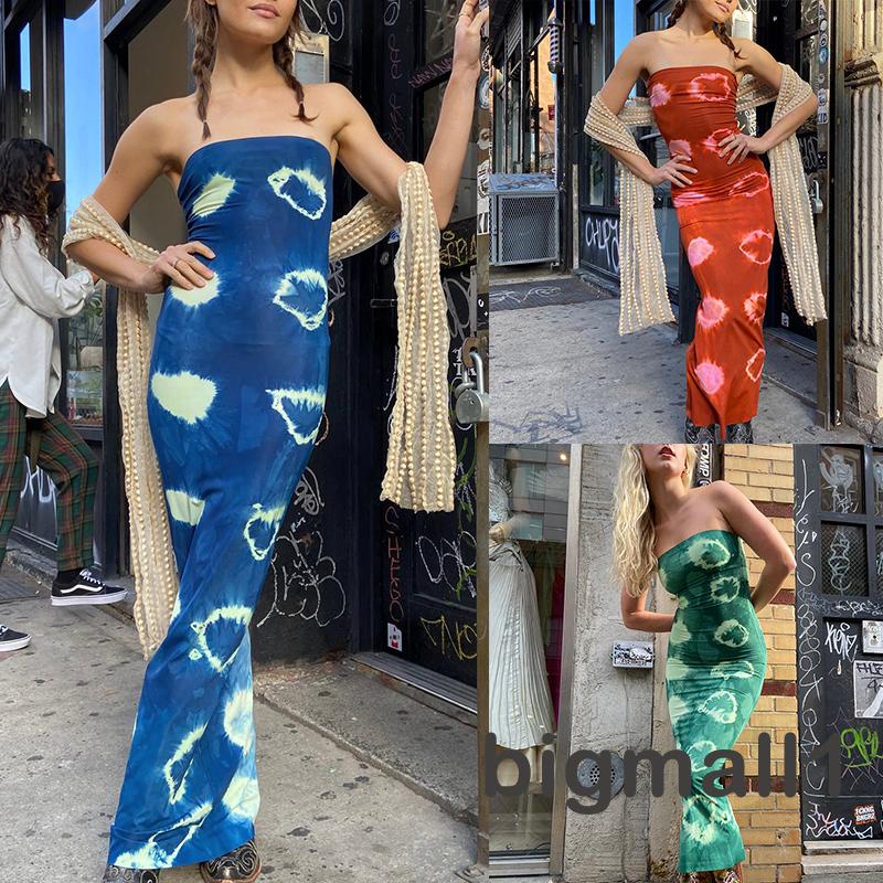 ♣FD☽Women´s Summer Long Dress Off Shoulder Boho Sleeveless Heart Graphic Print Wrap Hip Tube Dress