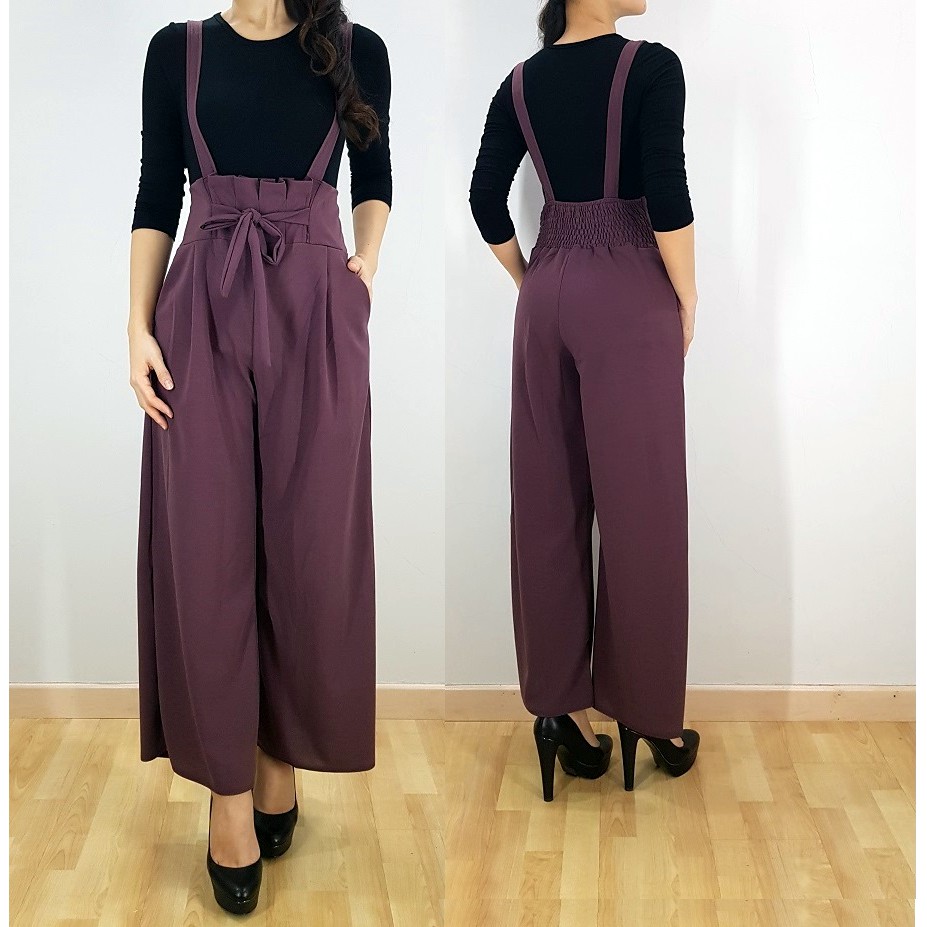 Trendy Plain Design Ribbon Design Jumpsuit Palazzo Pant with Fitting Waist (J0112)