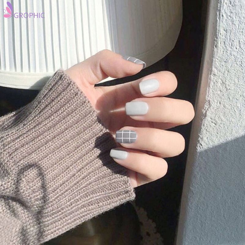 24pcs Gray Line Pattern Acrylic Square Head Fake Nails Tips Decorated For Fashion Nail Art Gr Shopee Malaysia