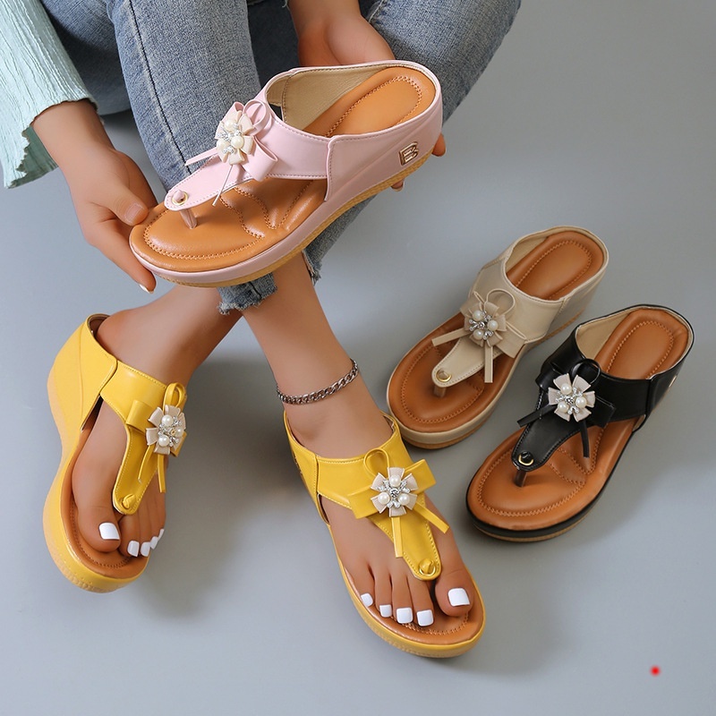 Summer Plus Size Korean Women Cute Pearl Bow Sandals Ladies Version of ...