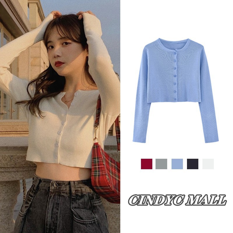 Korean Women's Short Top Women's Short Knitted Long Sleeve Solid Color Blouse Slim Bottoming Shirt Sexy Tops