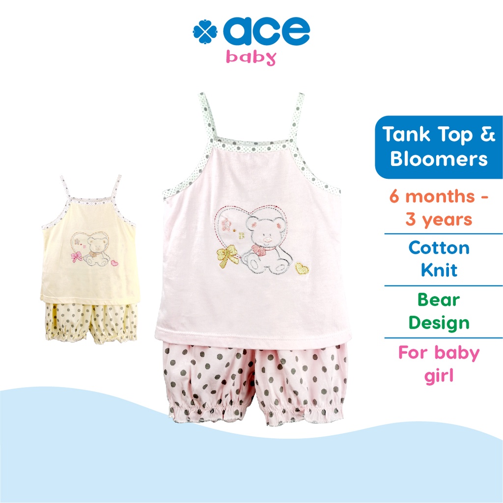 ACE BABY Bear Tank Top & Polka Dot Bloomers (6 mths - 3 years) 2pcs Set Cute Tee & Pants Baby Girl Kids _ Baju Bayi 1426