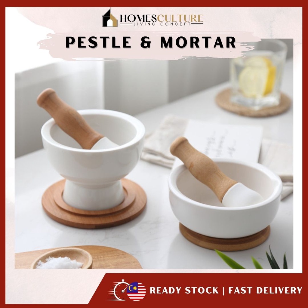 (PO)Pestle and Mortar with Bamboo Lid Nordic Porcelain Modern Pestle and Mortar Set Masher
