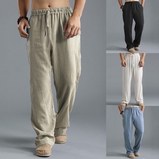 Mens Linen Loose Wide Leg Pocket Long Pants Bootcut Trousers Elastic Waist 