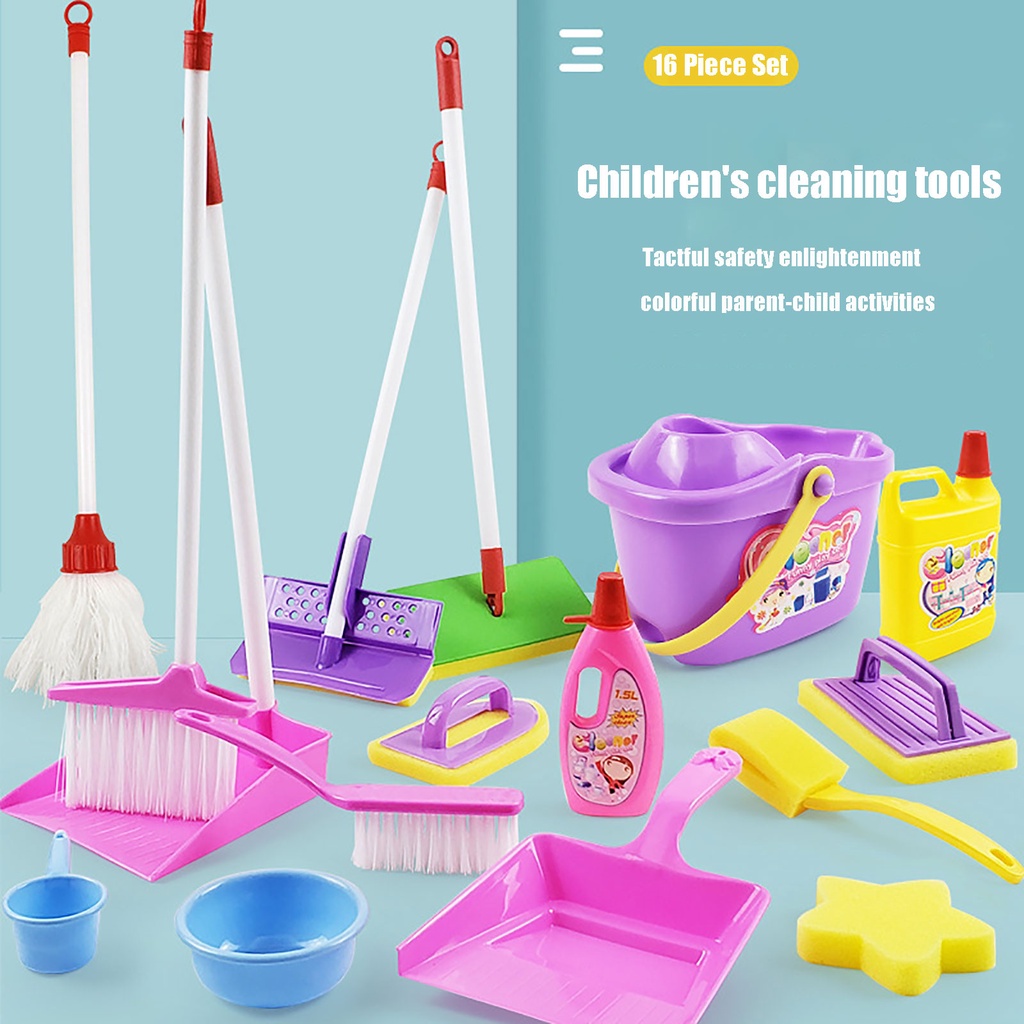 16pcs/set Childrens playhouse mini cleaning tool Kids Role Play Housekeeping Cleaning Toy Game Pretended Play Set