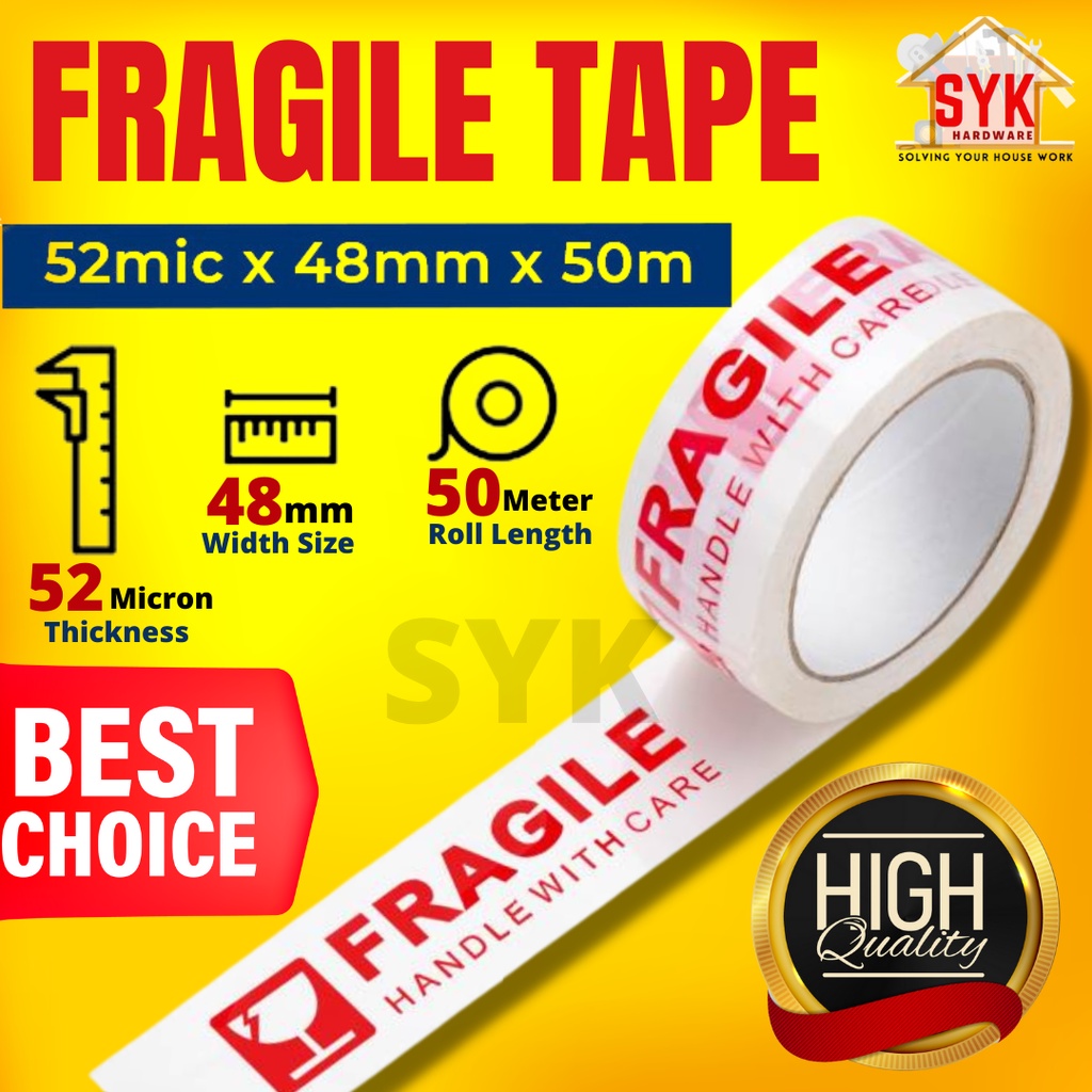 SYK Fragile OPP Tape High Quality Product Security / White Red Tape / Packing Tape / Pita Anti Pecah (48mm X 50meter)