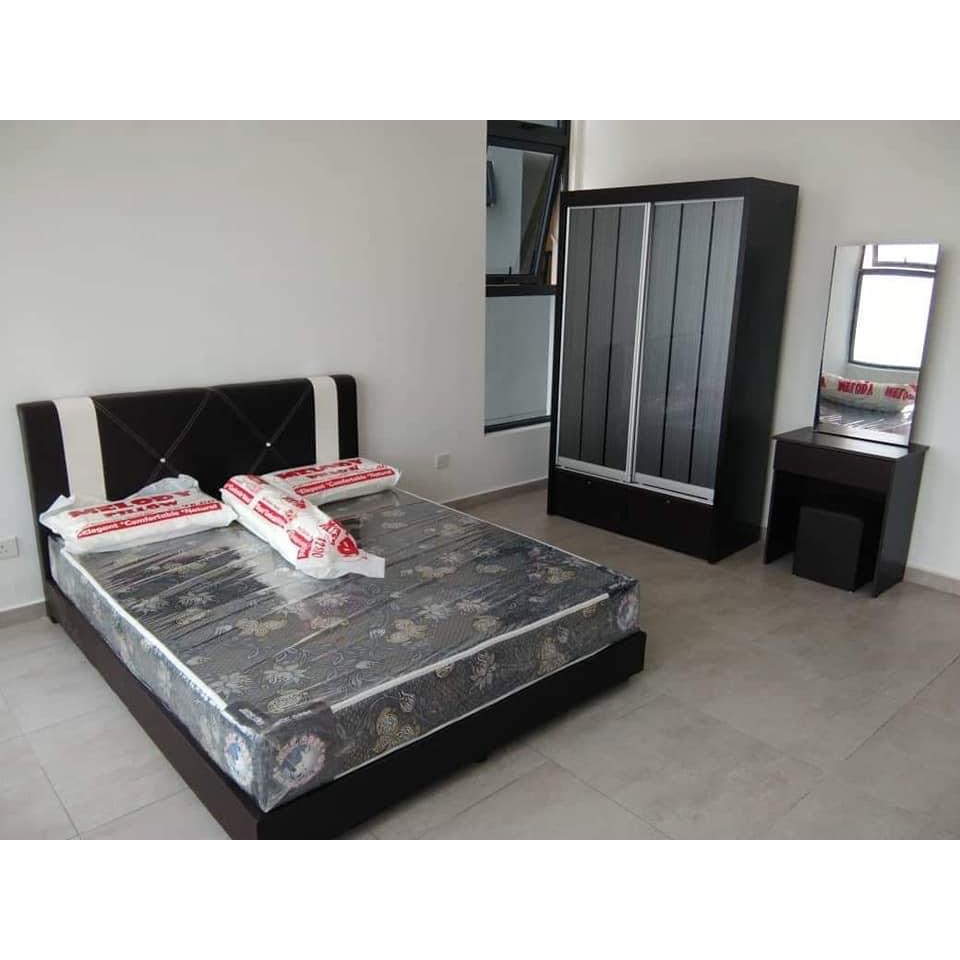 Black Single / Super Single / Queen / King Bedroom Set Wardrobe 4x6ft Dressing Table Side Table