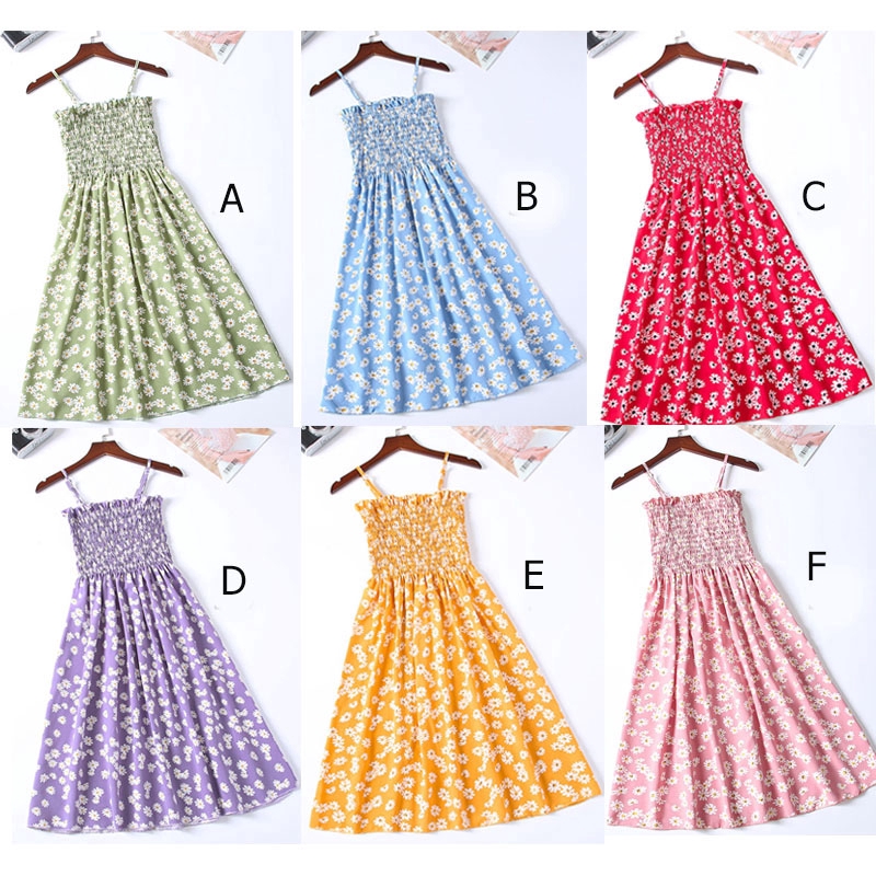 ready stock Summer Women Print Floral Vintage Elastic Spaghetti Strap Sleeveless Dress Boho Beach mini Sundress