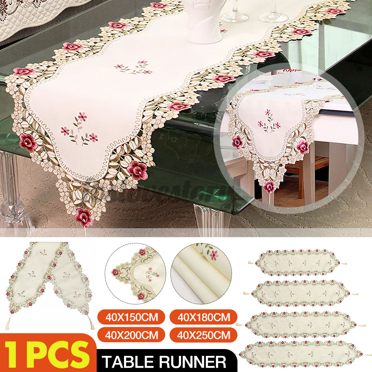 Table Runner Embroidered Floral Lace Translucent Gauze Table Cloth Vintage