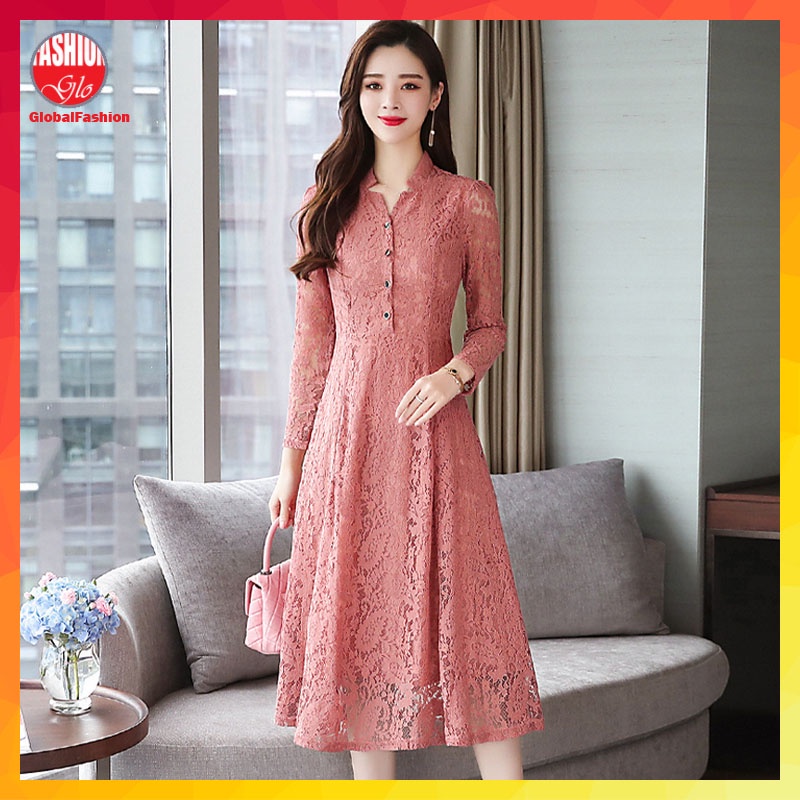 Women Long Sleeve Lace Dress Pakaian Wanita Lengan Panjang V Neck A Line Korean Style Elegant Dress Global Fashion