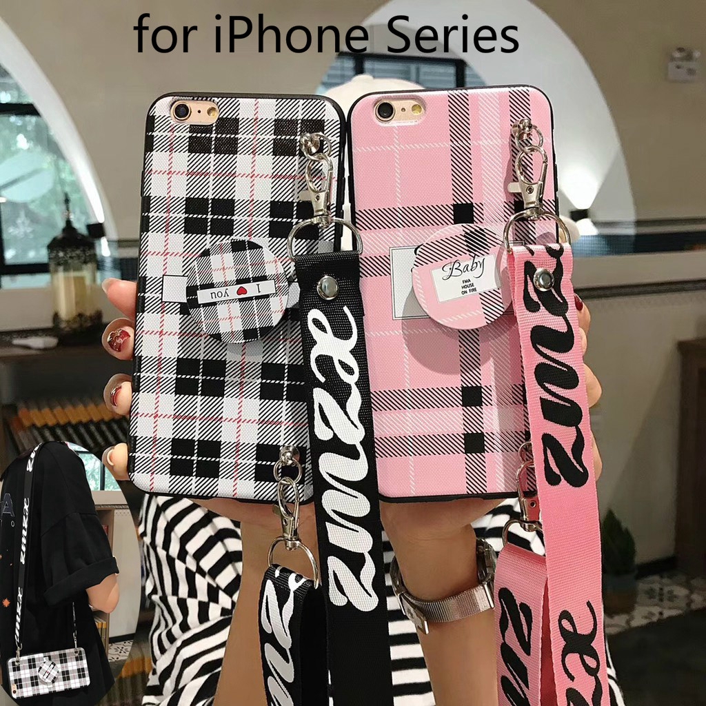 Girls Pink Grid Soft Case For Iphone 11 Pro Max Xs Xr X 8 7 6 6s Plus Stand Holder Lanyard Shopee Malaysia