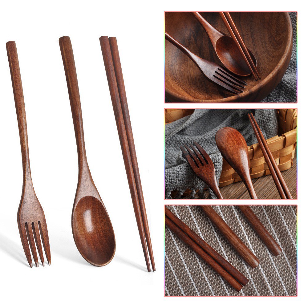 1Set Wooden Cutlery Set Portable Eco Friendly Reusable Flatware Utensils Set Spoon Fork Chopsticks