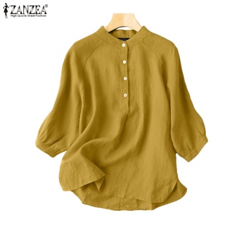 ZANZEA Women Daily Casual Solid Color Stand-Up Collar 3/4 Sleeves Loose Blouse 