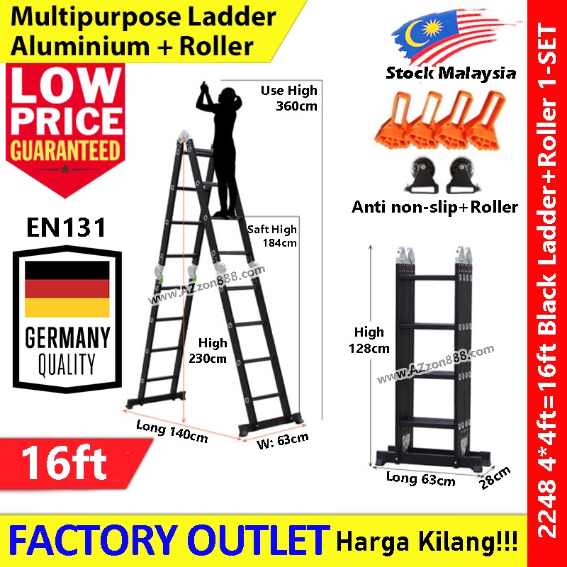 【Ready Stock】Black Multipurpose Aluminum Ladder 12ft / 16ft / 20ft Steps Folding Tangga #Germany #Bl