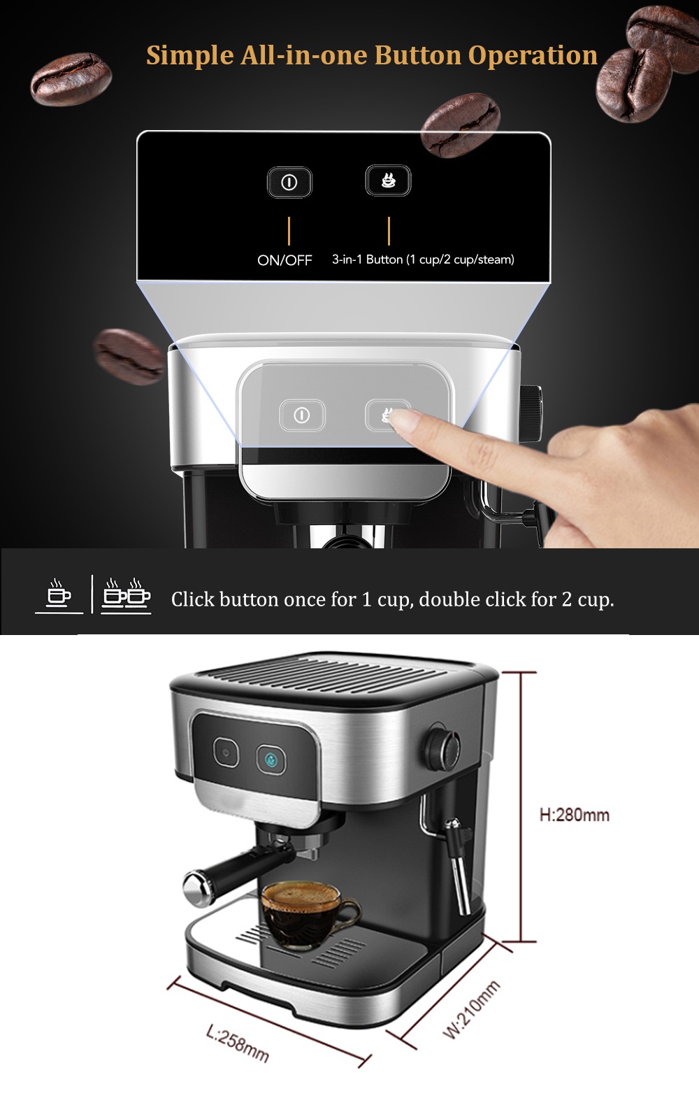 BioloMix 20 Bar 1.8L Italian Espresso Milk Frother Steam Coffee Maker