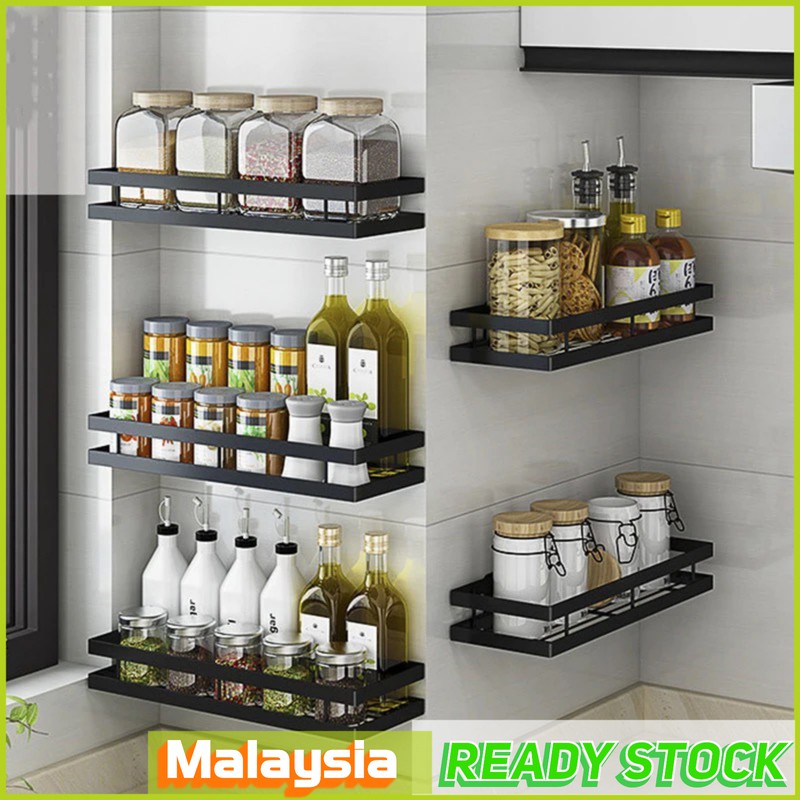 Stainless Steel Rak Dapur Multi Functional Spice Rack Wall Mounted Punch Free Seasoning Rack Bathroom Rack