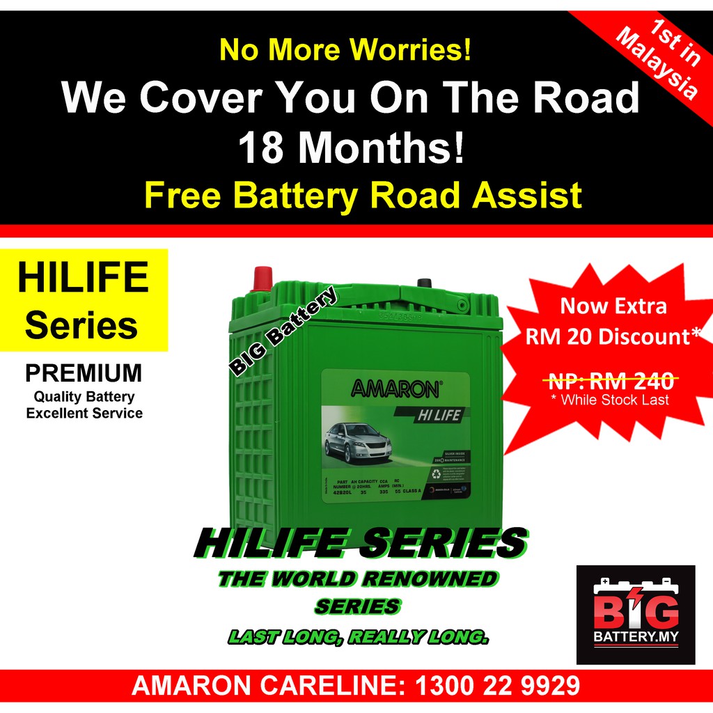 PREMIUM PERODUA CAR BATTERY AMARON HILIFE NS40 42B20L For 