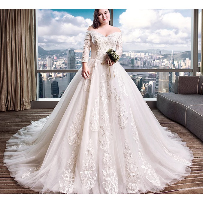 Po White Long Sleeve Fishtail Wedding Bridal Prom Dress Gown Plus