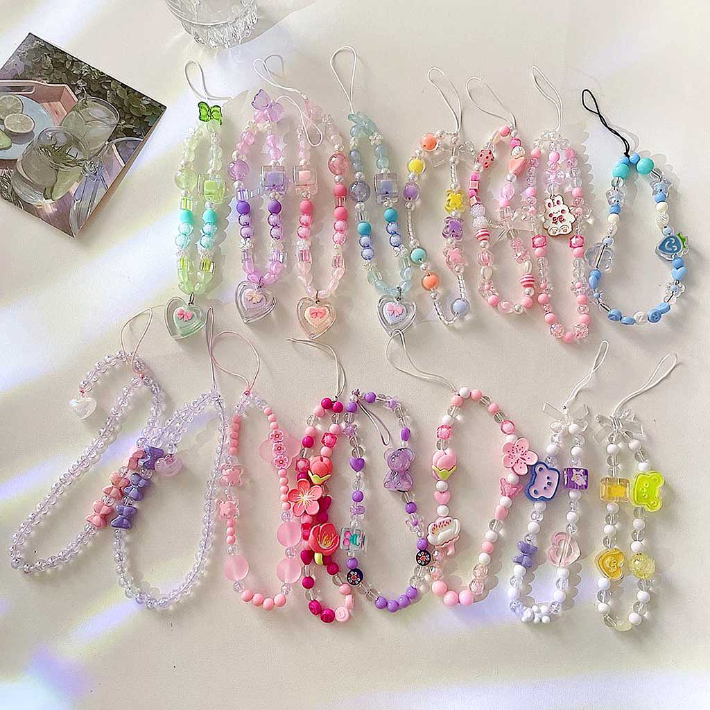 Handmade Phone Strap Multi-style Multifunction Beaded Hanging Cord Bear Bunny Love Chain Backpack Pendant Lanyard for Bluetooth Earphone Card Cover Keychain ID Badge Holder